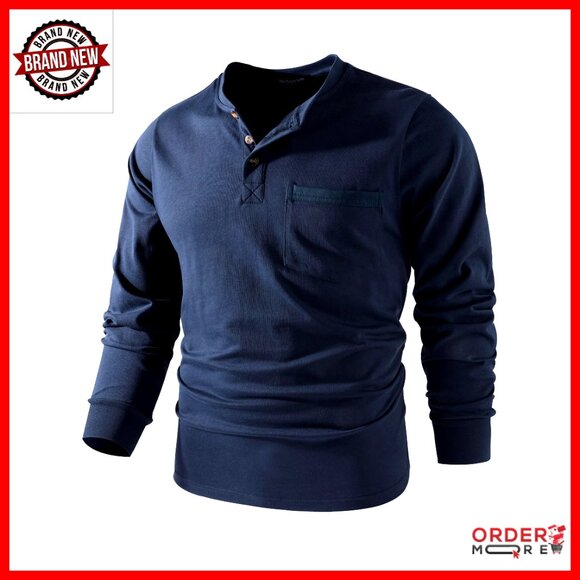Men's Heavyweight Cotton Henley Long Sleeve Pocket Work Shirt Relaxed Fit